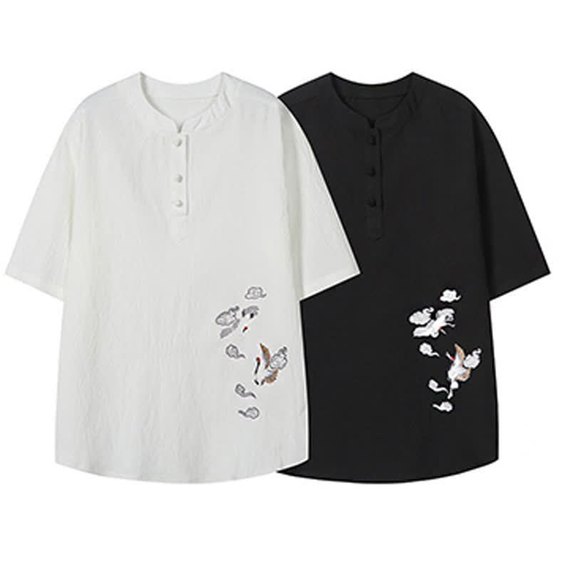 Buddha Stones Camisas de manga corta para hombre estilo Tang, informales, con cuello mandarín y bordado de grulla, ideales para el verano. - image 17