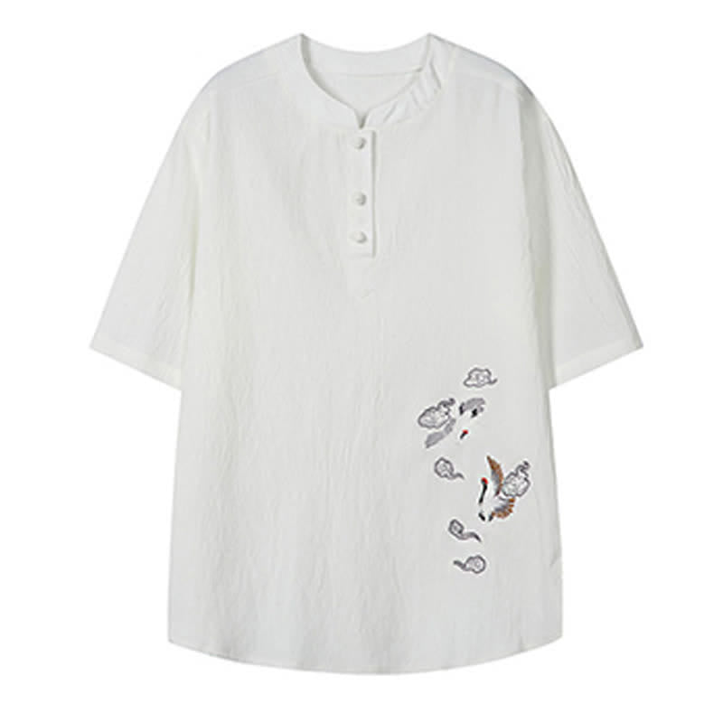Buddha Stones Camisas de manga corta para hombre estilo Tang, informales, con cuello mandarín y bordado de grulla, ideales para el verano. - image 3