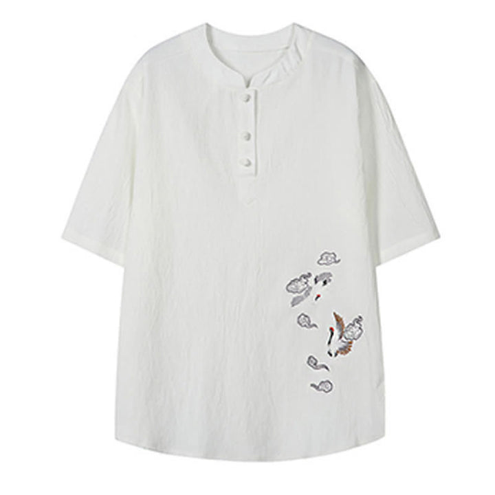 Buddha Stones Camisas de manga corta para hombre estilo Tang, informales, con cuello mandarín y bordado de grulla, ideales para el verano. - image 3