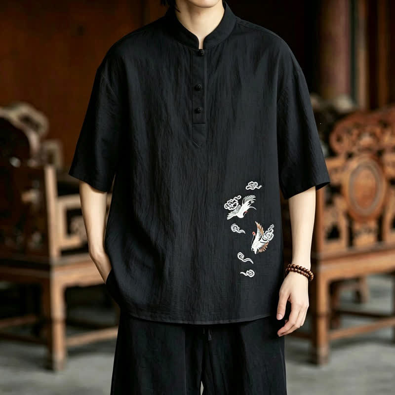 Buddha Stones Camisas de manga corta para hombre estilo Tang, informales, con cuello mandarín y bordado de grulla, ideales para el verano. - Negro - US/UK/AU48, EU58 (6XL) - image 12