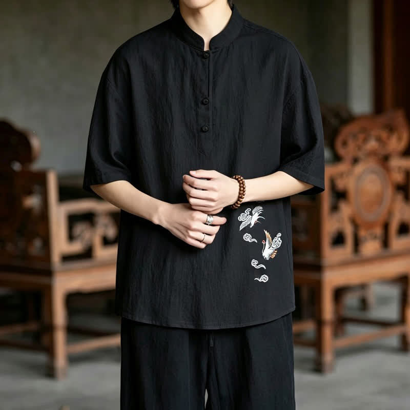 Buddha Stones Camisas de manga corta para hombre estilo Tang, informales, con cuello mandarín y bordado de grulla, ideales para el verano. - image 14