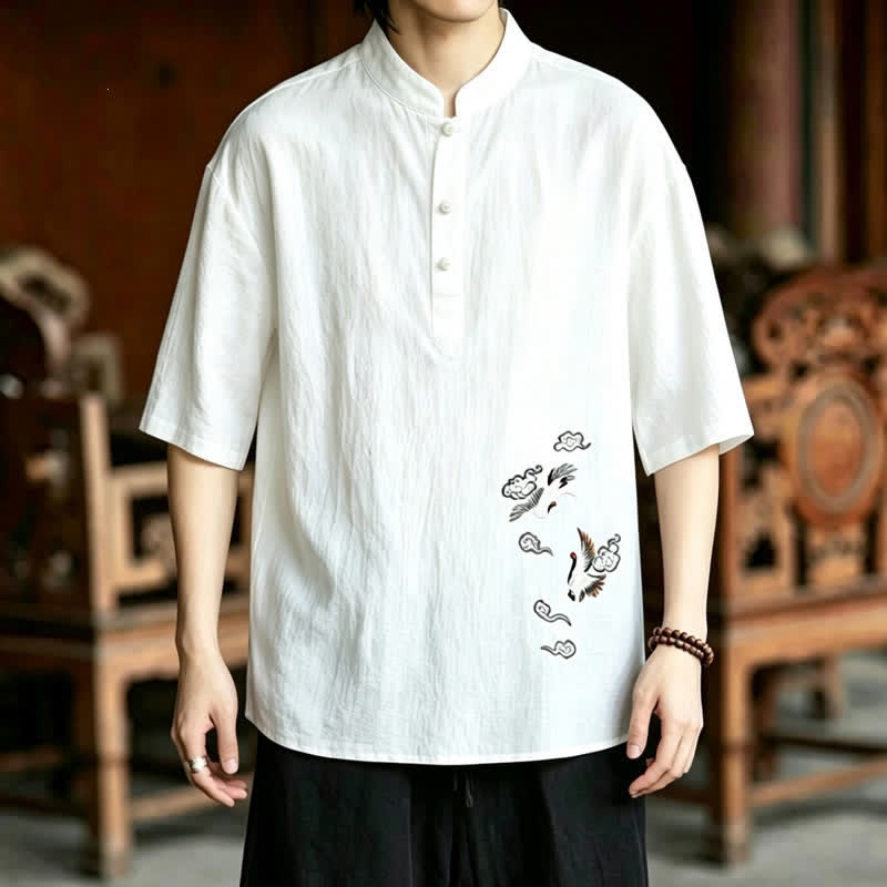 Buddha Stones Camisas de manga corta para hombre estilo Tang, informales, con cuello mandarín y bordado de grulla, ideales para el verano. - image 1