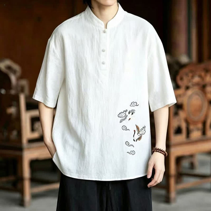 Buddha Stones Camisas de manga corta para hombre estilo Tang, informales, con cuello mandarín y bordado de grulla, ideales para el verano. - Blanco - US/UK/AU48, EU58 (6XL) - image 0