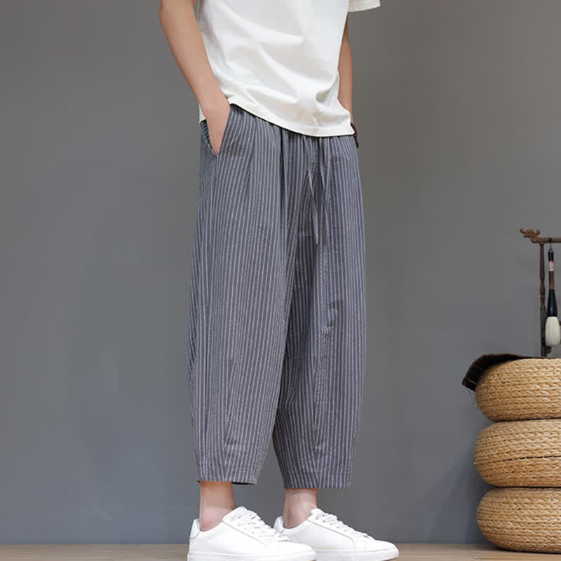 Buddha Stones Pantalones capri de algodón y lino a rayas, estilo casual de verano, minimalistas, con cordón ajustable, corte ajustado y bolsillo. - image 1