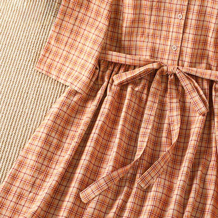 Buddha Stones Vestido de mujer informal de verano con estampado vintage a cuadros, manga tres cuartos y bolsillo. - image 9