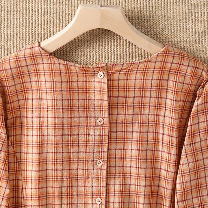 Buddha Stones Vestido de mujer informal de verano con estampado vintage a cuadros, manga tres cuartos y bolsillo. - image 13