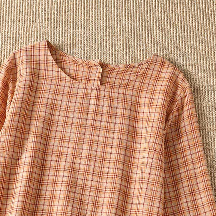 Buddha Stones Vestido de mujer informal de verano con estampado vintage a cuadros, manga tres cuartos y bolsillo. - image 7
