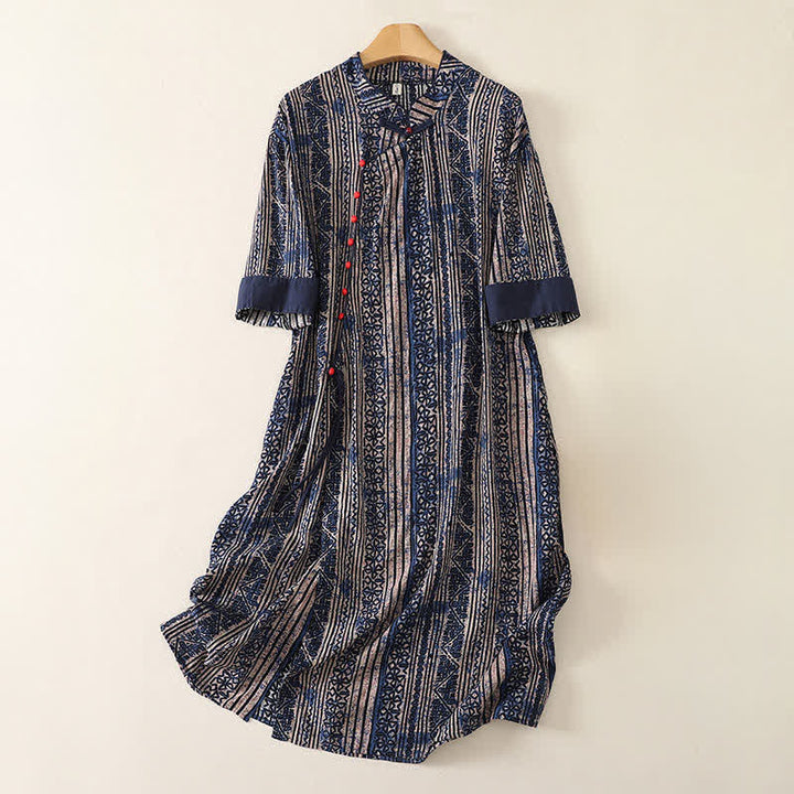 Buddha Stones Vestido de mujer estilo bohemio con cuello mandarín y estampado geométrico, manga tres cuartos y bolsillo. - image 0