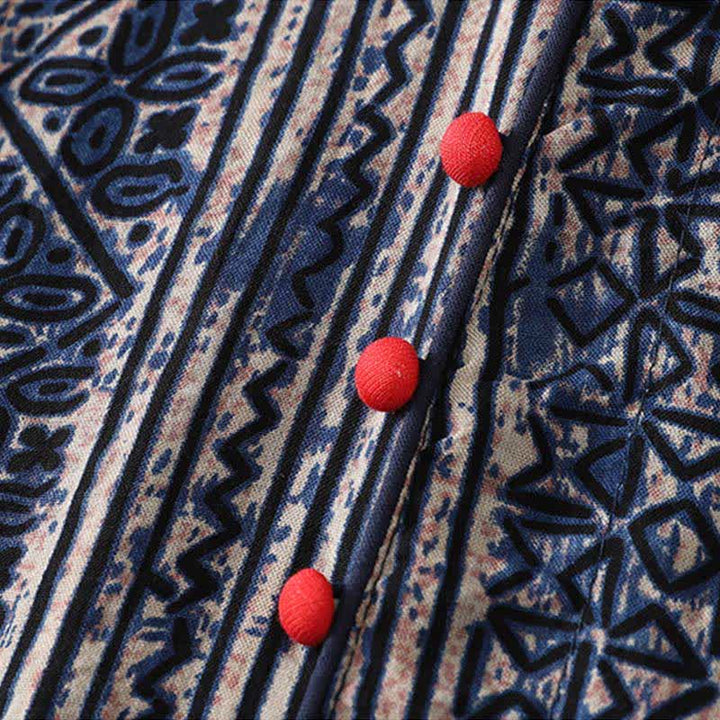 Buddha Stones Vestido de mujer estilo bohemio con cuello mandarín y estampado geométrico, manga tres cuartos y bolsillo. - image 5