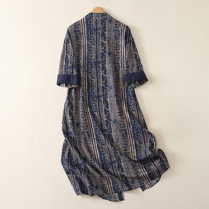 Buddha Stones Vestido de mujer estilo bohemio con cuello mandarín y estampado geométrico, manga tres cuartos y bolsillo. - image 1