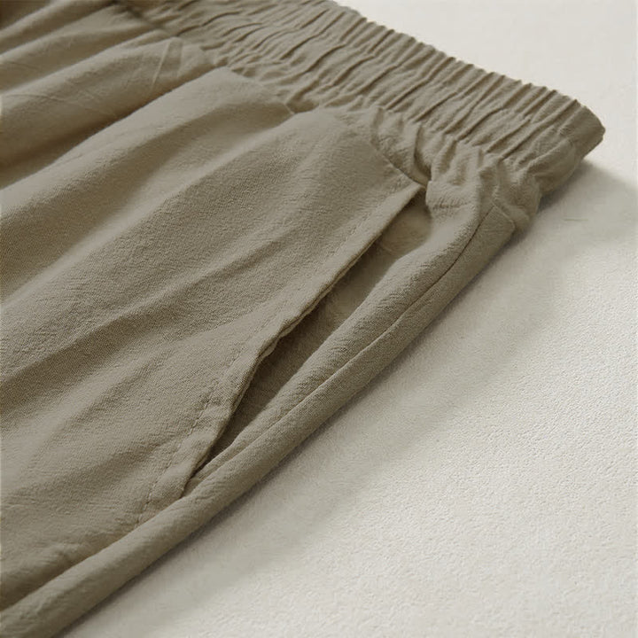 Buddha Stones Pantalones capri lisos de corte recto para hombre, estilo casual de verano, con cordón ajustable y bolsillo. - image 4