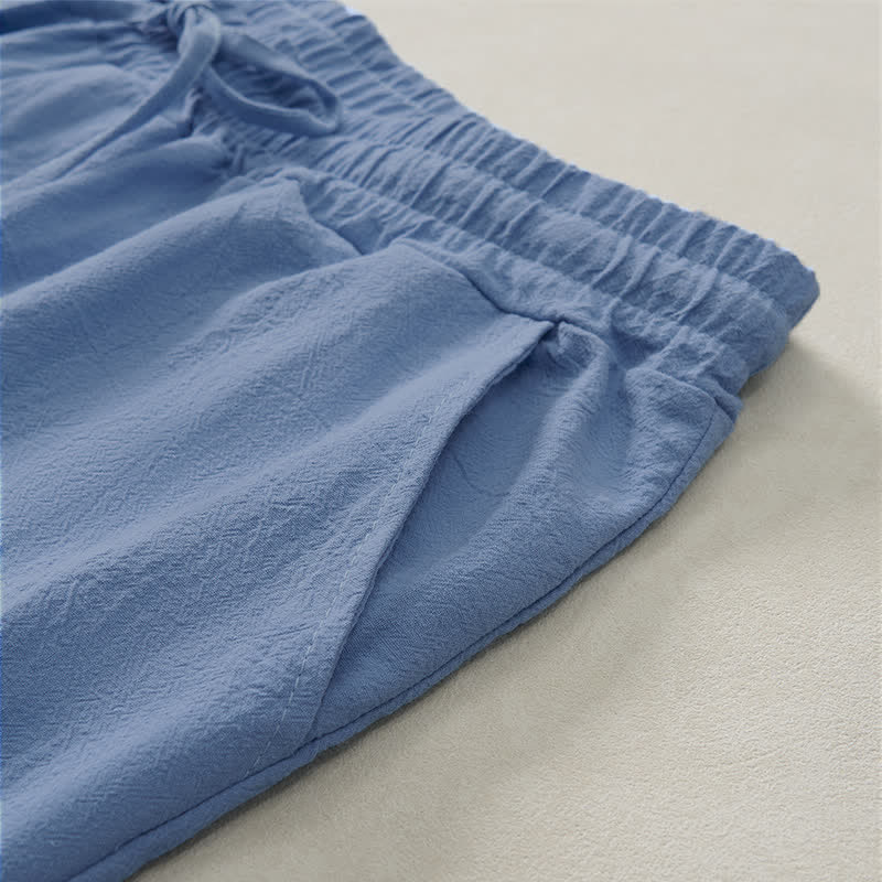 Buddha Stones Pantalones cortos de verano informales de algodón liso con cordón ajustable y bolsillos para hombre. - image 4