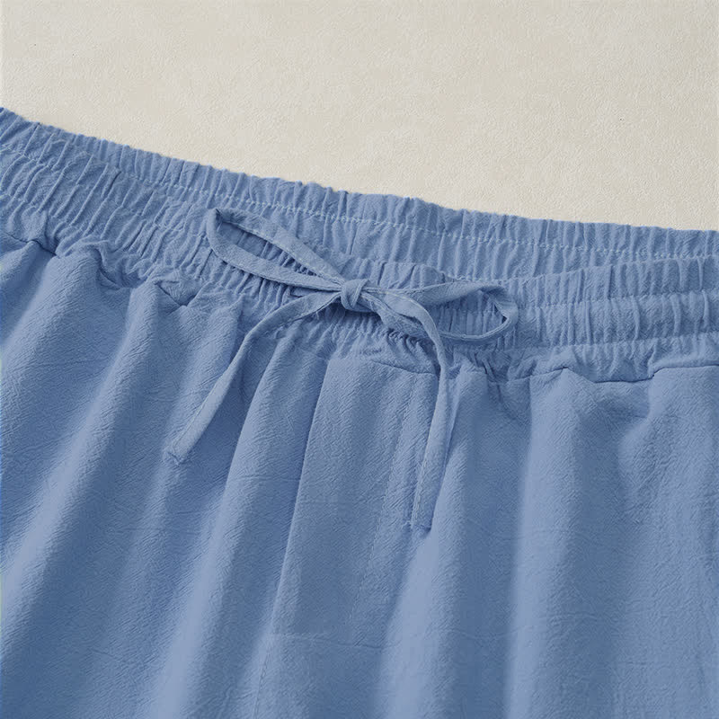 Buddha Stones Pantalones cortos de verano informales de algodón liso con cordón ajustable y bolsillos para hombre. - image 3