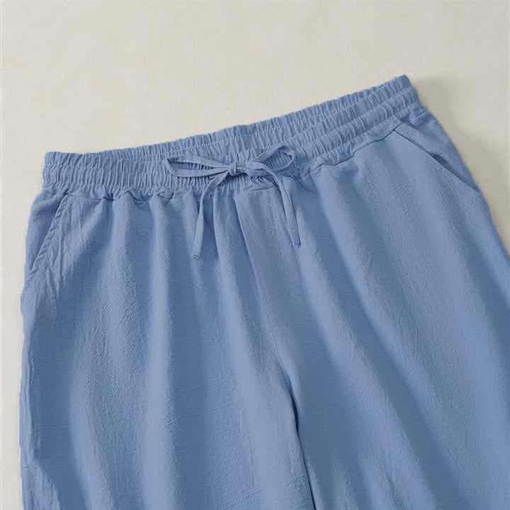 Buddha Stones Pantalones cortos de verano informales de algodón liso con cordón ajustable y bolsillos para hombre. - image 2
