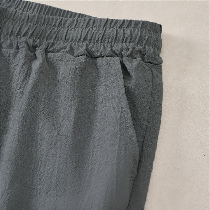 Buddha Stones Pantalones cortos de verano informales de algodón liso con cordón ajustable y bolsillos para hombre. - image 11