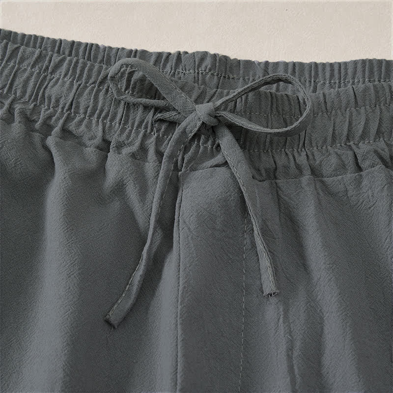 Buddha Stones Pantalones cortos de verano informales de algodón liso con cordón ajustable y bolsillos para hombre. - image 10
