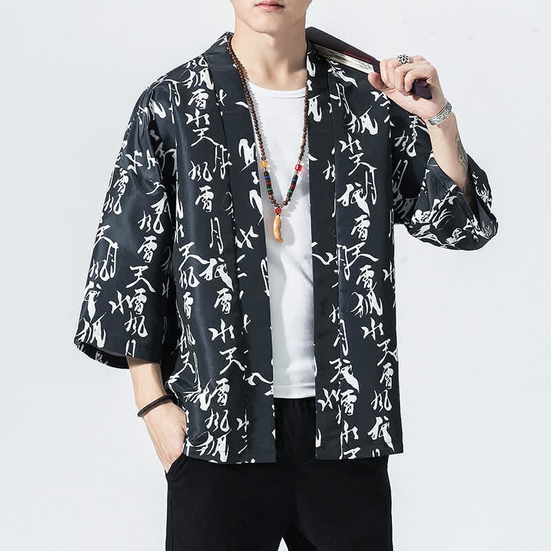 Buddha Stones Kimono de verano informal vintage con estampado de olas y grullas, estilo kimono para hombre. - image 11