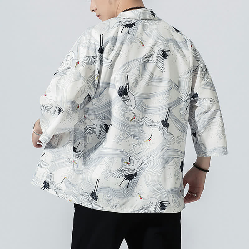 Buddha Stones Kimono de verano informal vintage con estampado de olas y grullas, estilo kimono para hombre. - image 14