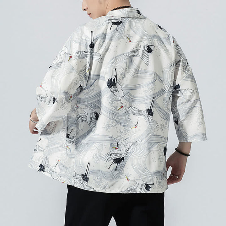 Buddha Stones Kimono de verano informal vintage con estampado de olas y grullas, estilo kimono para hombre. - image 14