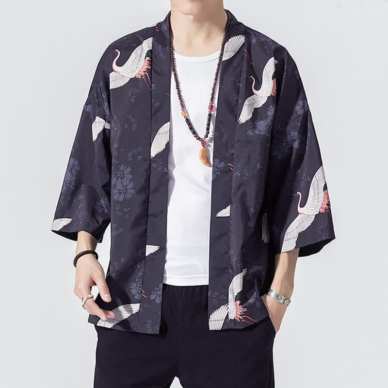 Buddha Stones Kimono de verano informal vintage con estampado de olas y grullas, estilo kimono para hombre. - Índigo - US/UK/AU46, EU56 (5XL) - image 3