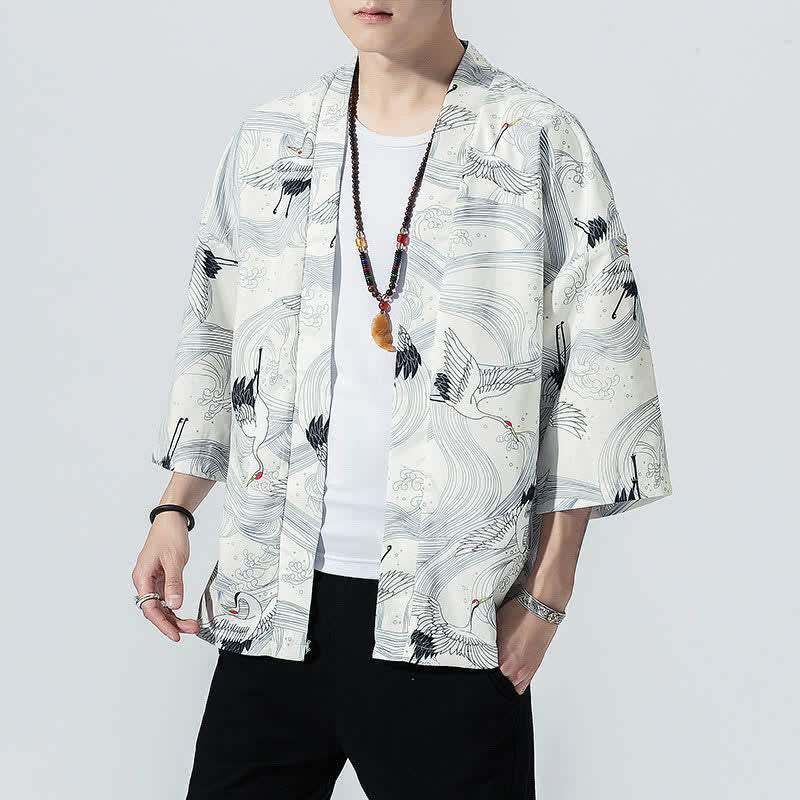 Buddha Stones Kimono de verano informal vintage con estampado de olas y grullas, estilo kimono para hombre. - image 12
