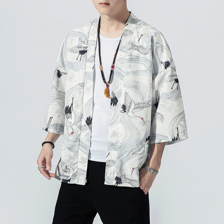 Buddha Stones Kimono de verano informal vintage con estampado de olas y grullas, estilo kimono para hombre. - image 12