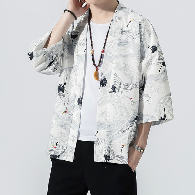 Buddha Stones Kimono de verano informal vintage con estampado de olas y grullas, estilo kimono para hombre. - image 13