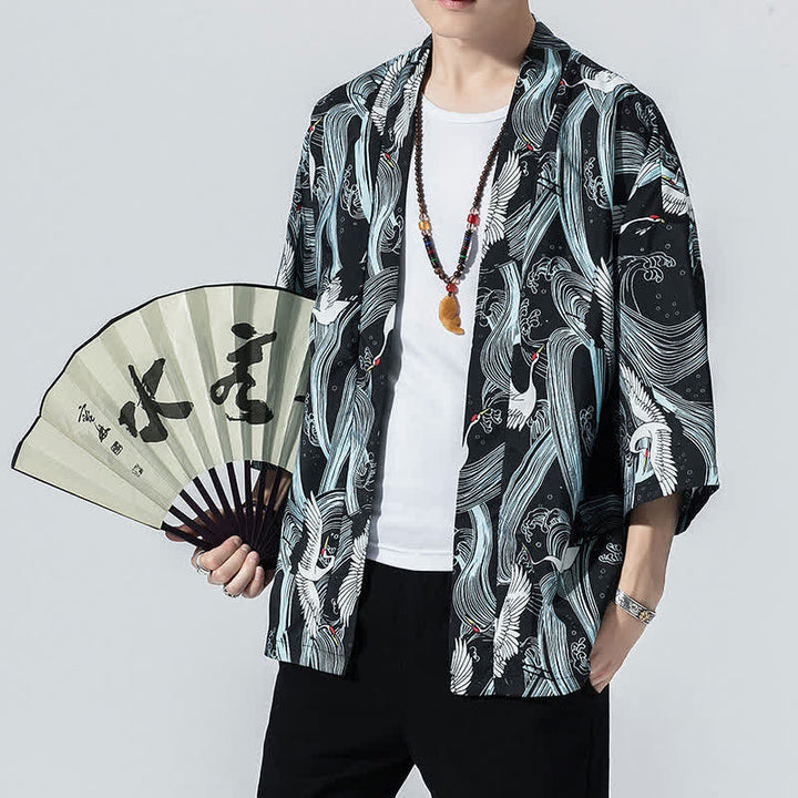 Buddha Stones Kimono de verano informal vintage con estampado de olas y grullas, estilo kimono para hombre. - Negro - US/UK/AU46, EU56 (5XL) - image 0