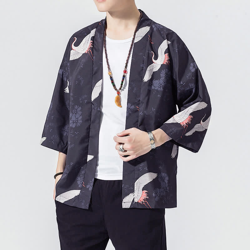 Buddha Stones Kimono de verano informal vintage con estampado de olas y grullas, estilo kimono para hombre. - image 5