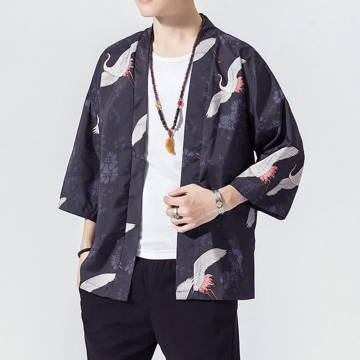 Buddha Stones Kimono de verano informal vintage con estampado de olas y grullas, estilo kimono para hombre. - image 5