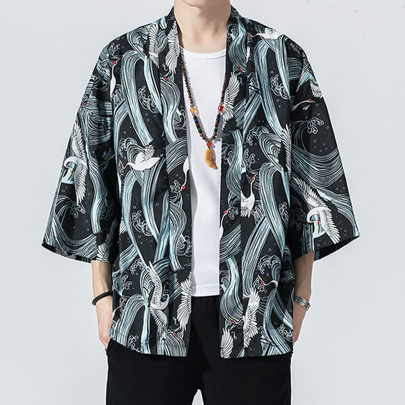 Buddha Stones Kimono de verano informal vintage con estampado de olas y grullas, estilo kimono para hombre. - image 1