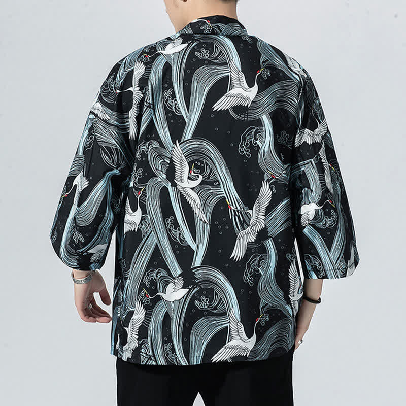Buddha Stones Kimono de verano informal vintage con estampado de olas y grullas, estilo kimono para hombre. - image 2
