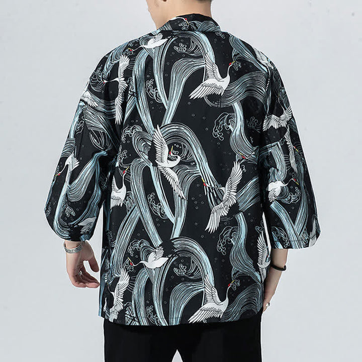 Buddha Stones Kimono de verano informal vintage con estampado de olas y grullas, estilo kimono para hombre. - image 2