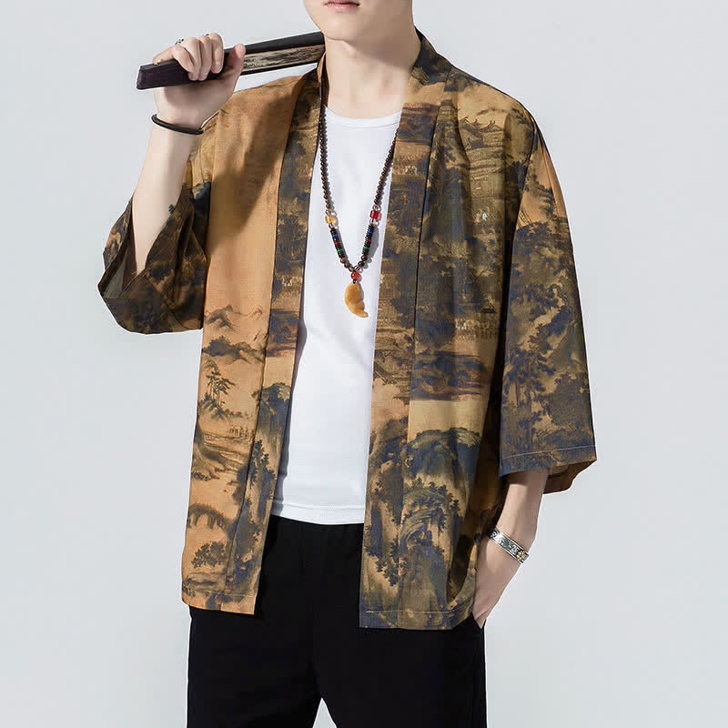 Buddha Stones Kimono de verano informal vintage con estampado de olas y grullas, estilo kimono para hombre. - image 8