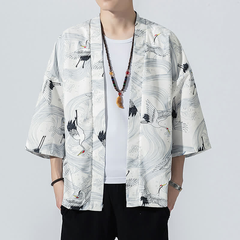 Buddha Stones Kimono de verano informal vintage con estampado de olas y grullas, estilo kimono para hombre. - Blanco - US/UK/AU46, EU56 (5XL) - image 10