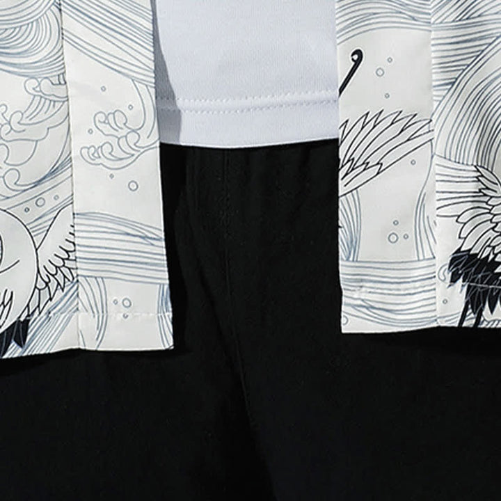Buddha Stones Kimono de verano informal vintage con estampado de olas y grullas, estilo kimono para hombre. - image 15