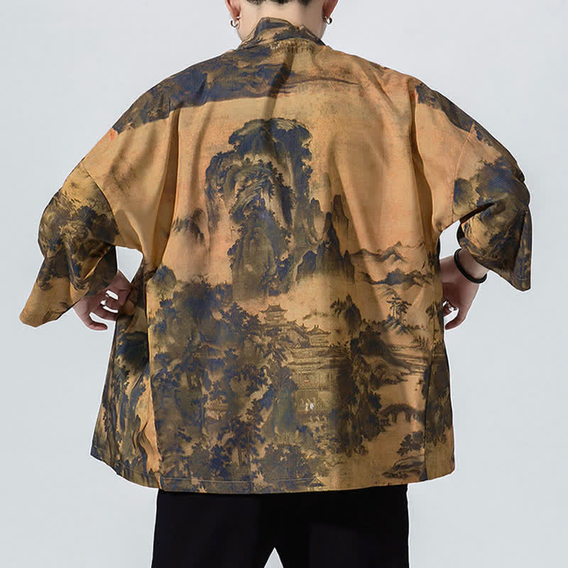 Buddha Stones Kimono de verano informal vintage con estampado de olas y grullas, estilo kimono para hombre. - image 9