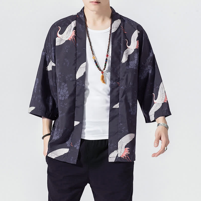 Buddha Stones Kimono de verano informal vintage con estampado de olas y grullas, estilo kimono para hombre. - image 4