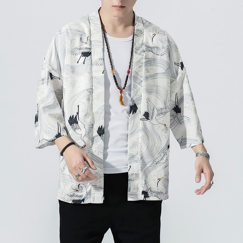Buddha Stones Kimono de verano informal vintage con estampado de olas y grullas, estilo kimono para hombre. - image 11