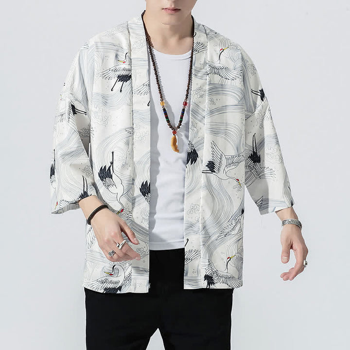 Buddha Stones Kimono de verano informal vintage con estampado de olas y grullas, estilo kimono para hombre. - image 11