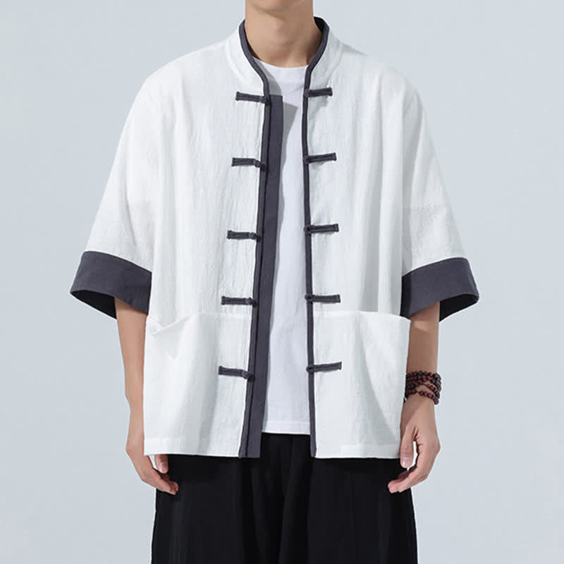 Buddha Stones Camisas de manga corta de algodón liso para hombre, estilo Tang, con botones de rana, de verano y bolsillo. - image 25