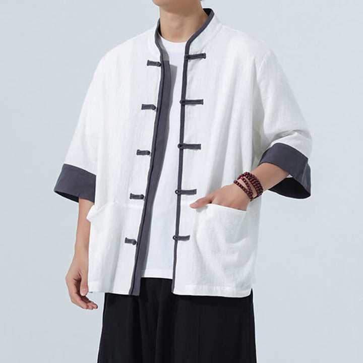 Buddha Stones Camisas de manga corta de algodón liso para hombre, estilo Tang, con botones de rana, de verano y bolsillo. - image 27