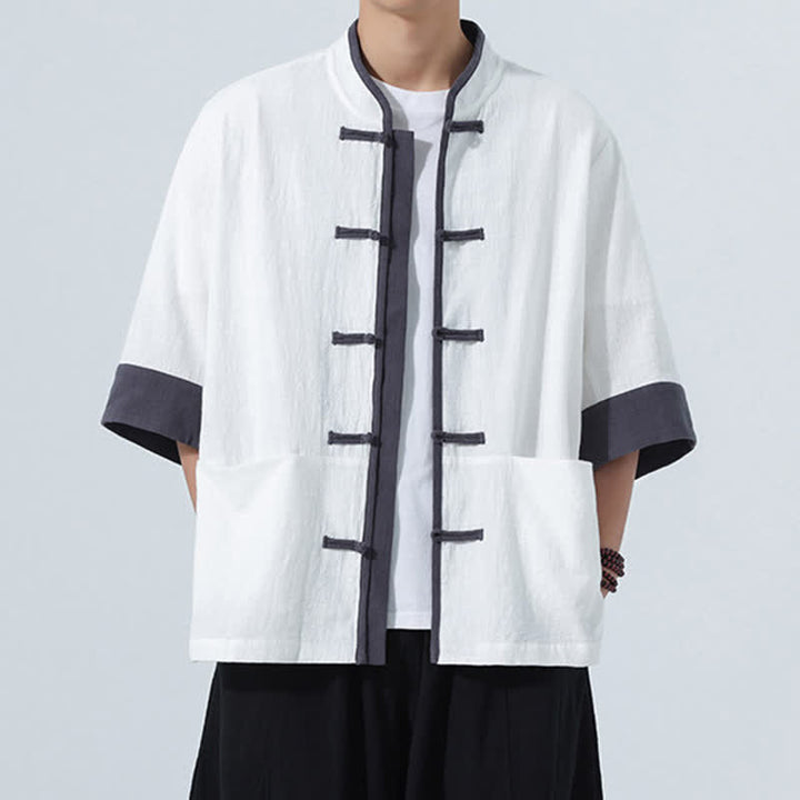 Buddha Stones Camisas de manga corta de algodón liso para hombre, estilo Tang, con botones de rana, de verano y bolsillo. - Blanco - US/UK/AU46, EU56 (5XL) - image 23