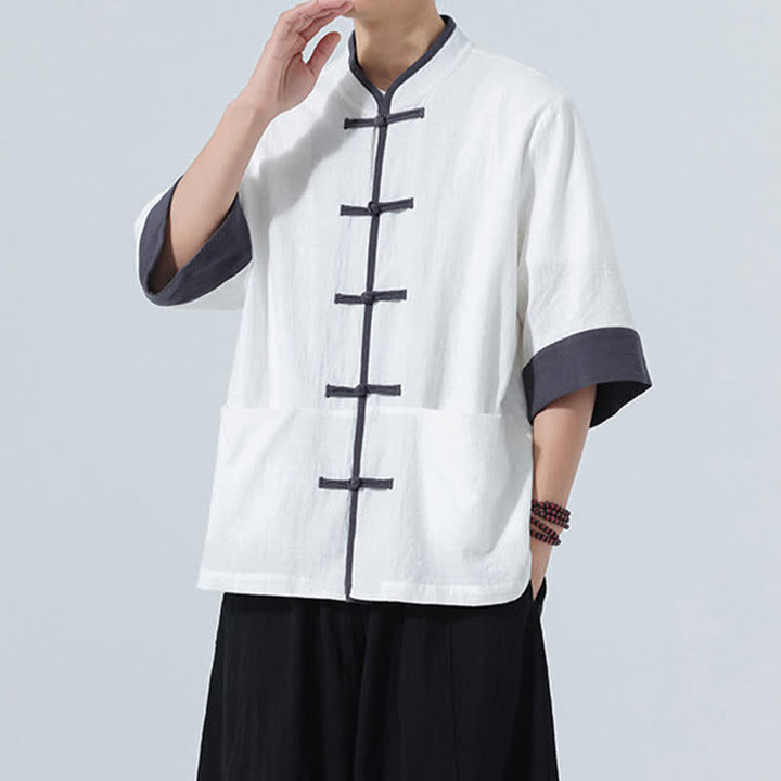 Buddha Stones Camisas de manga corta de algodón liso para hombre, estilo Tang, con botones de rana, de verano y bolsillo. - image 26