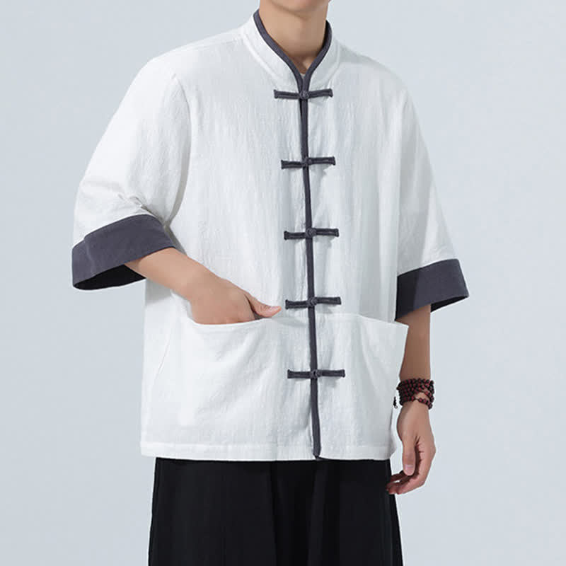 Buddha Stones Camisas de manga corta de algodón liso para hombre, estilo Tang, con botones de rana, de verano y bolsillo. - image 28
