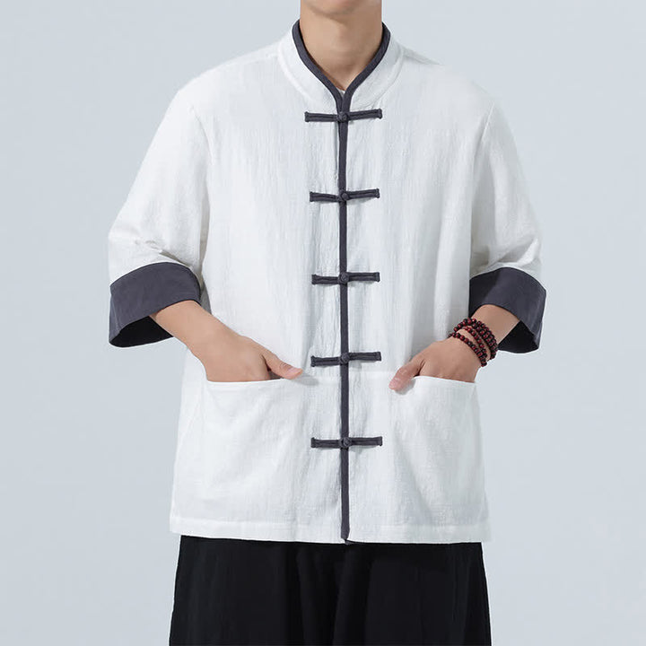 Buddha Stones Camisas de manga corta de algodón liso para hombre, estilo Tang, con botones de rana, de verano y bolsillo. - image 24