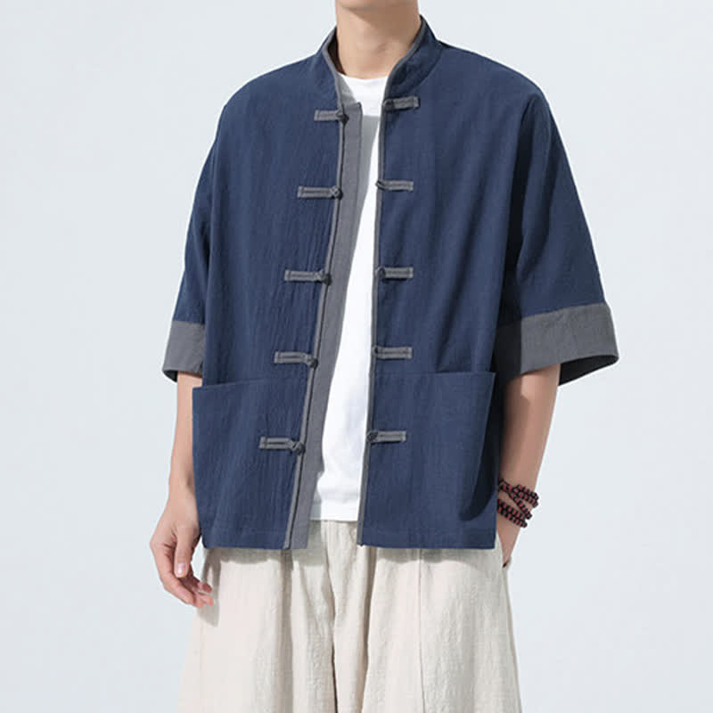 Buddha Stones Camisas de manga corta de algodón liso para hombre, estilo Tang, con botones de rana, de verano y bolsillo. - image 3