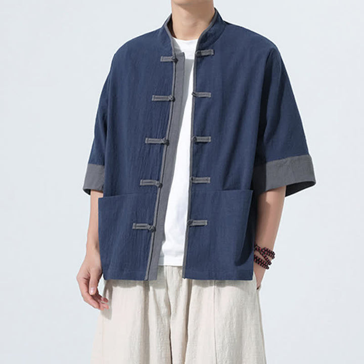Buddha Stones Camisas de manga corta de algodón liso para hombre, estilo Tang, con botones de rana, de verano y bolsillo. - image 3
