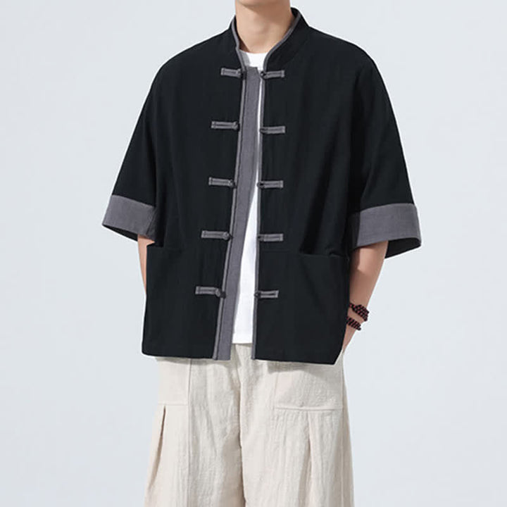 Buddha Stones Camisas de manga corta de algodón liso para hombre, estilo Tang, con botones de rana, de verano y bolsillo. - image 17