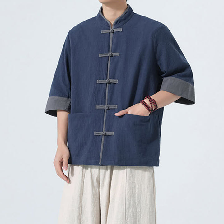 Buddha Stones Camisas de manga corta de algodón liso para hombre, estilo Tang, con botones de rana, de verano y bolsillo. - image 2